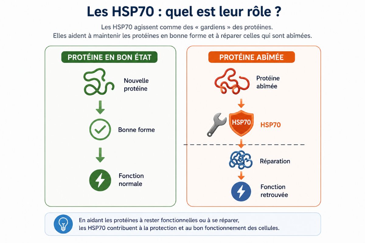 Les HSP70 : quel est leur rôle ? Infographie illustrant le rôle des protéines HSP70 dans la protection et la réparation des protéines cellulaires afin de préserver leur fonctionnement normal.