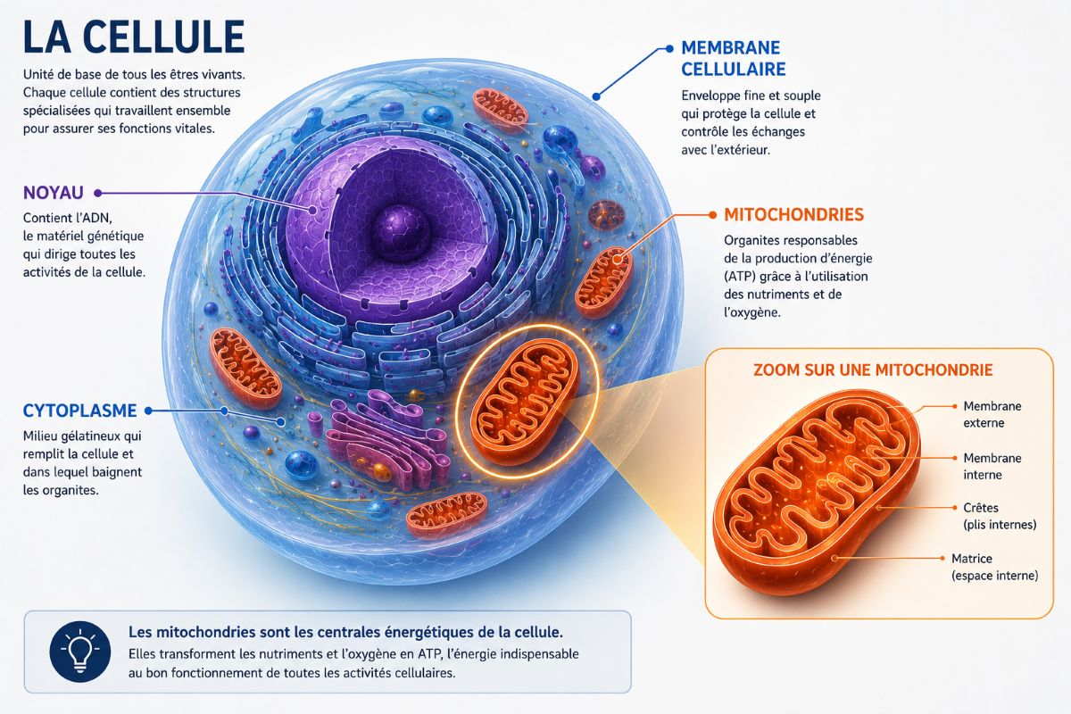 Structure d'une cellule et rôle des mitochondries Schéma pédagogique d'une cellule eucaryote montrant la membrane cellulaire, le cytoplasme, le noyau et les mitochondries, avec un zoom détaillé sur une mitochondrie.