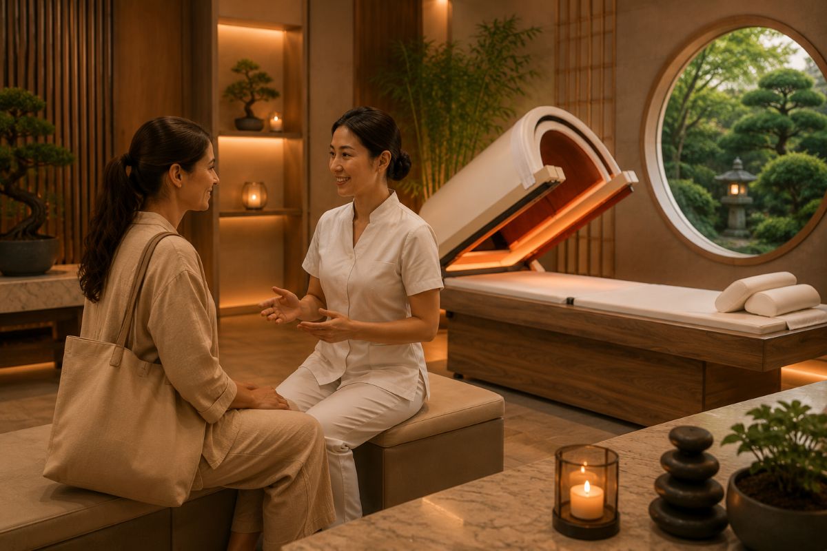 Illustration représentant une personne revenant pour une séance de suivi personnalisée avec le Iyashi Dôme® officiel, accompagnée par un thérapeute dans un centre de bien-être haut de gamme.