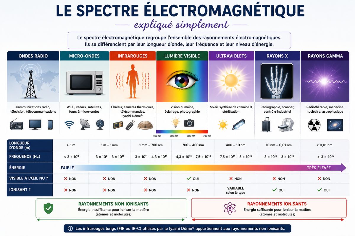 Le spectre électromagnétique expliqué simplement Schéma illustrant le spectre électromagnétique avec les ondes radio, les micro-ondes, les infrarouges, la lumière visible, les ultraviolets, les rayons X et les rayons gamma.