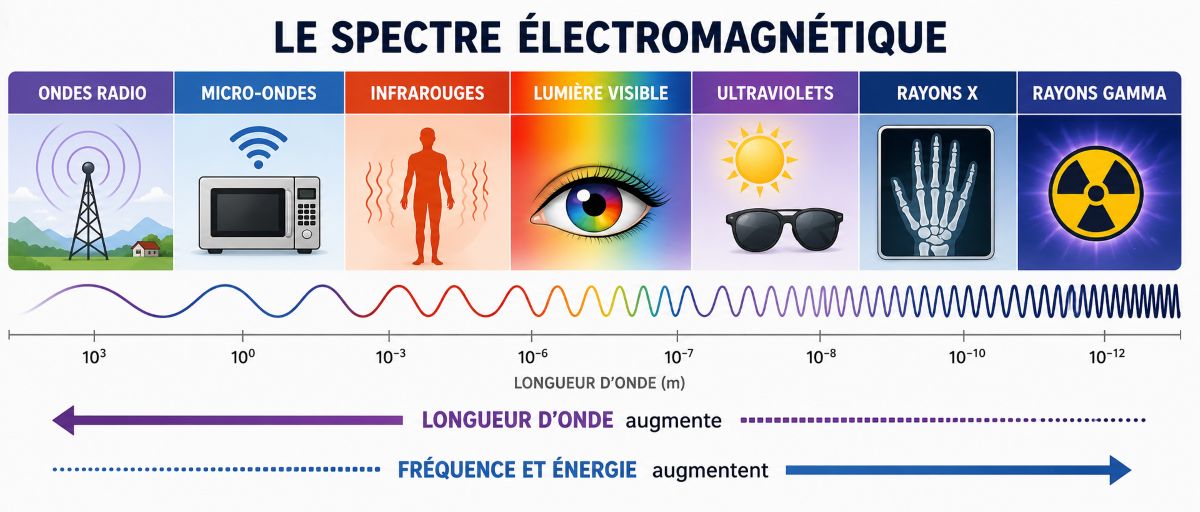 Le spectre électromagnétique et la place des infrarouges Infographie pédagogique illustrant le spectre électromagnétique, des ondes radio aux rayons gamma, et montrant la position des infrarouges par rapport à la lumière visible.