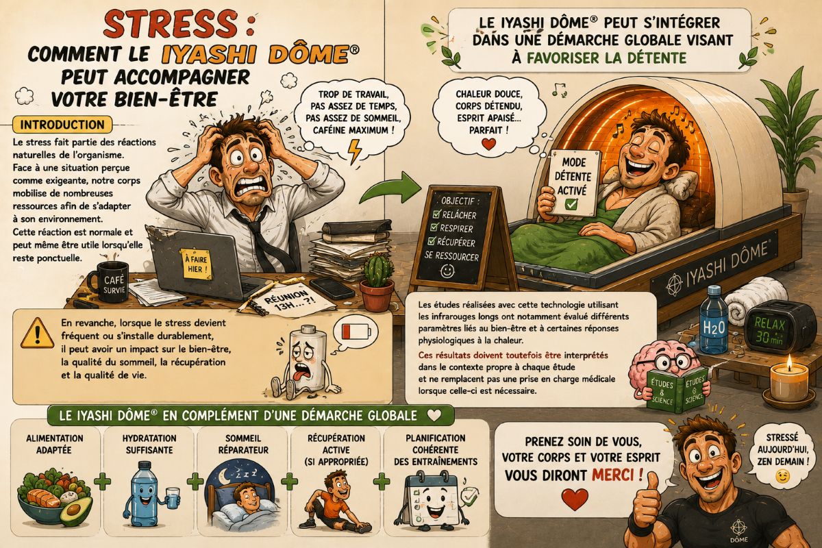 Stress et bien-être avec le Iyashi Dôme® Illustration humoristique représentant une personne stressée retrouvant un moment de détente grâce à une séance dans le véritable Iyashi Dôme®.