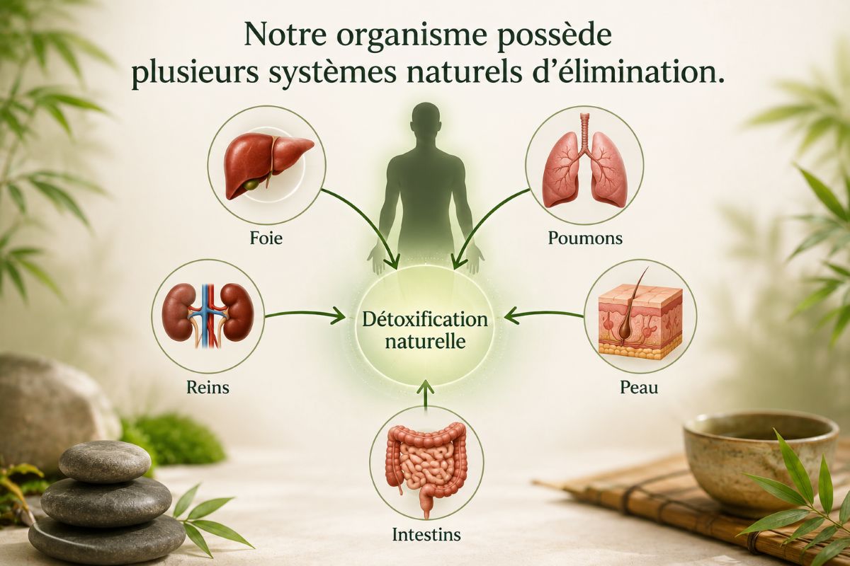 Les systèmes naturels de détoxification de l'organisme Illustration présentant les principaux organes impliqués dans les mécanismes naturels de détoxification de l'organisme : foie, reins, intestins, poumons et peau.