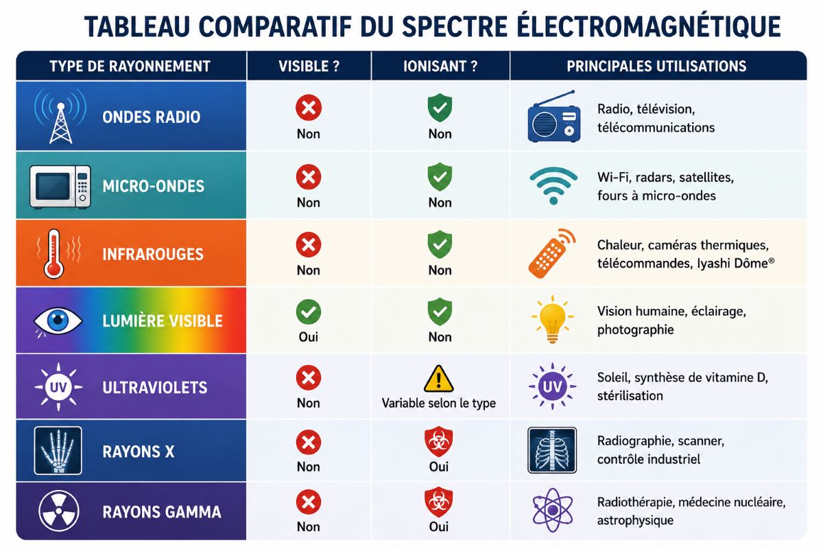 Tableau comparatif du spectre électromagnétique Infographie présentant un tableau comparatif des principaux rayonnements du spectre électromagnétique, leur visibilité, leur caractère ionisant et leurs principales utilisations.