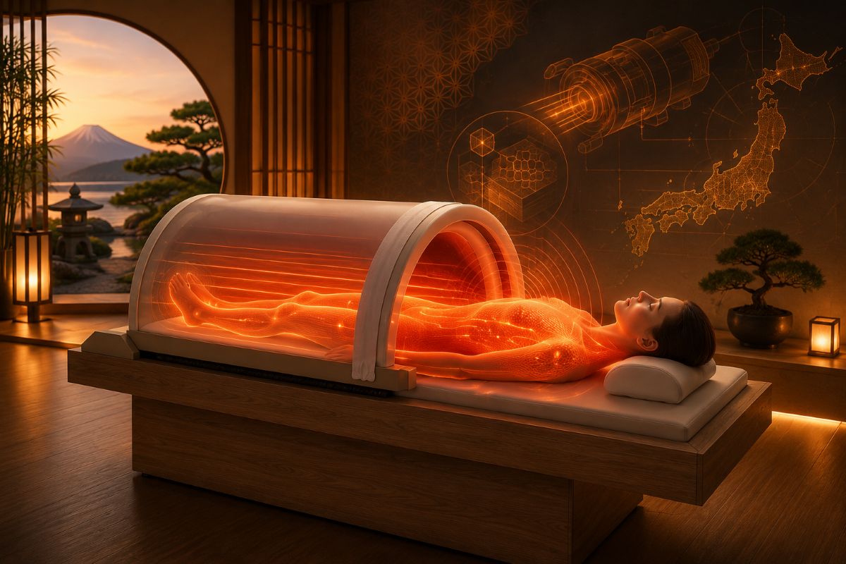 Illustration du Iyashi Dôme® officiel montrant la diffusion homogène des infrarouges longs dans le corps et la technologie japonaise utilisée pour produire une chaleur progressive.