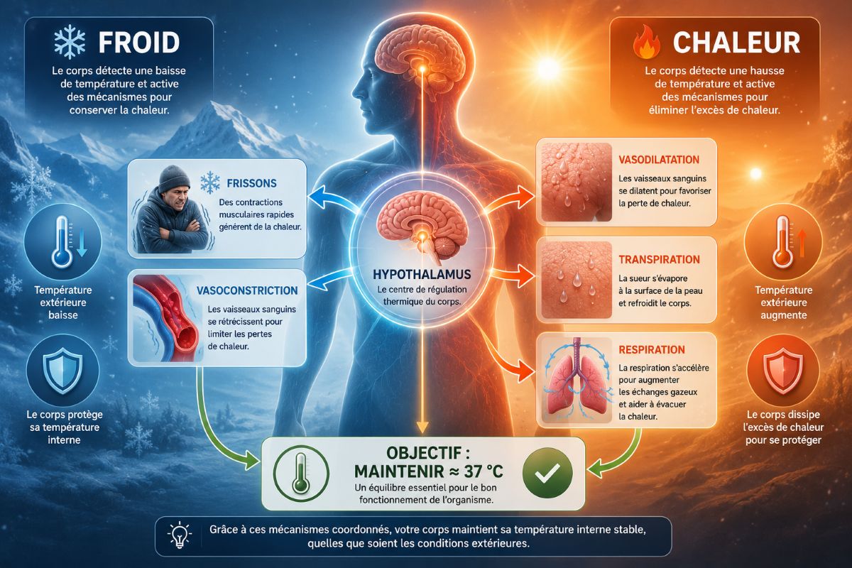 Les principaux mécanismes de la thermorégulation Infographie illustrant la thermorégulation humaine avec une silhouette exposée au froid et à la chaleur, le rôle de l'hypothalamus et les principales réponses physiologiques permettant de maintenir une température corporelle proche de 37 °C.