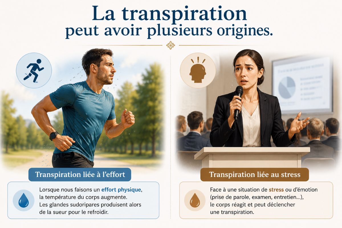 La transpiration peut avoir plusieurs origines Infographie comparant deux situations de transpiration : une personne courant illustrant la transpiration liée à l'effort physique et une personne prenant la parole en public illustrant la transpiration liée au stress.