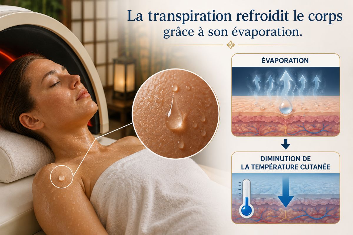 La transpiration refroidit le corps grâce à son évaporation Infographie illustrant une personne qui transpire, un zoom sur une goutte de sueur et le mécanisme d'évaporation permettant de diminuer la température de la peau.