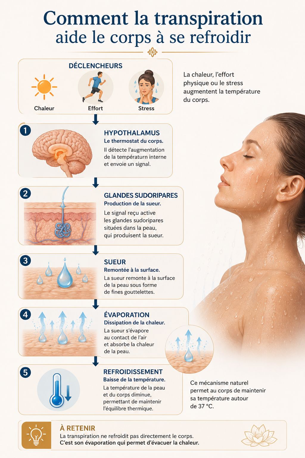 Comment la transpiration aide le corps à se refroidir Infographie expliquant le rôle de la transpiration dans la thermorégulation, depuis la chaleur, l'effort ou le stress jusqu'à l'évaporation de la sueur et le refroidissement du corps.