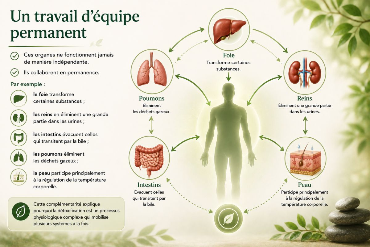 Les organes de la détoxification travaillent ensemble Illustration montrant la collaboration entre le foie, les reins, les intestins, les poumons et la peau dans les mécanismes naturels d'élimination de l'organisme.