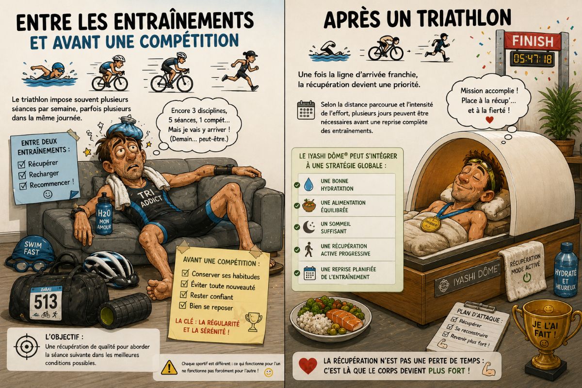 Récupération en triathlon avec le Iyashi Dôme® Illustration humoristique représentant un triathlète entre ses entraînements et après un triathlon, avec une récupération pouvant intégrer une séance dans le véritable Iyashi Dôme®.