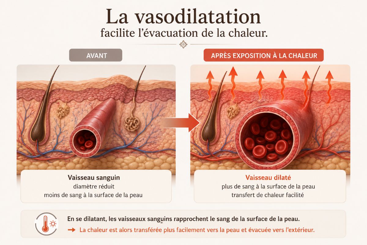 La vasodilatation facilite l'évacuation de la chaleur Infographie comparant un vaisseau sanguin avant et après une exposition à la chaleur, illustrant la vasodilatation et le transfert de chaleur vers la peau.