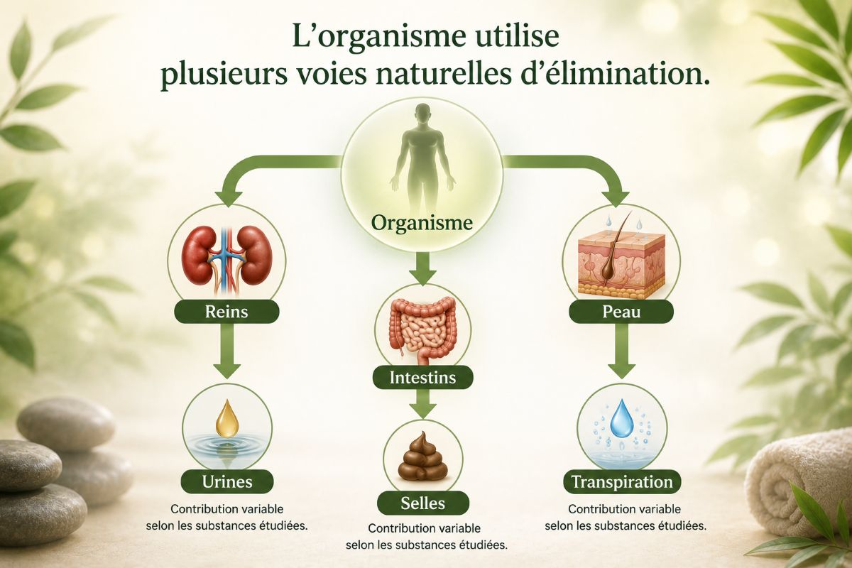 Illustration présentant les principales voies naturelles d'élimination de l'organisme : les reins, les intestins et la peau, ainsi que leur rôle dans les mécanismes physiologiques d'élimination.