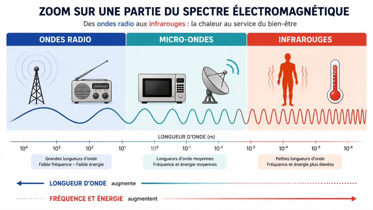 Zoom sur les ondes radio, les micro-ondes et les infrarouges Infographie pédagogique montrant un zoom du spectre électromagnétique avec les ondes radio, les micro-ondes et les infrarouges, ainsi que l'évolution de la longueur d'onde, de la fréquence et de l'énergie.